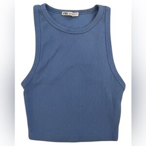 Zara Blue Ribbed Cropped Tank Top